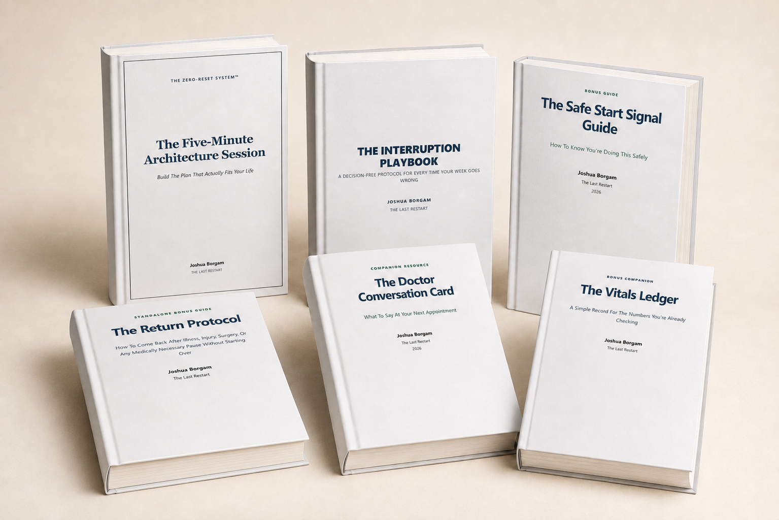 Thick 3D collection mockup of all six Zero-Reset System companion guides